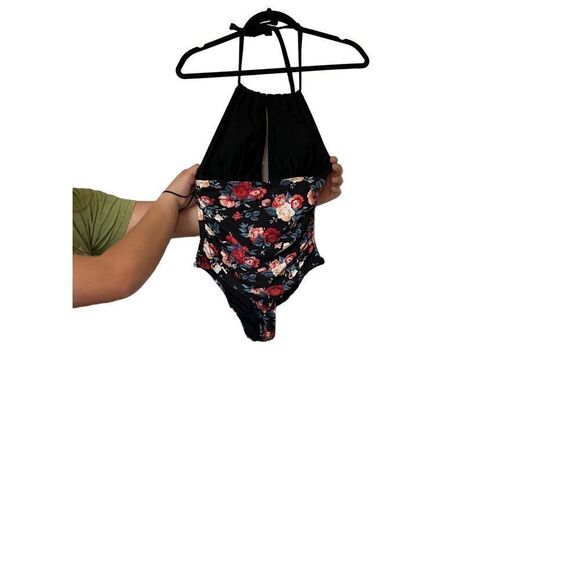 CUPSHE Women's Black Floral Plunging Halter Open Back One Piece Swimsuit - Picture 10 of 11